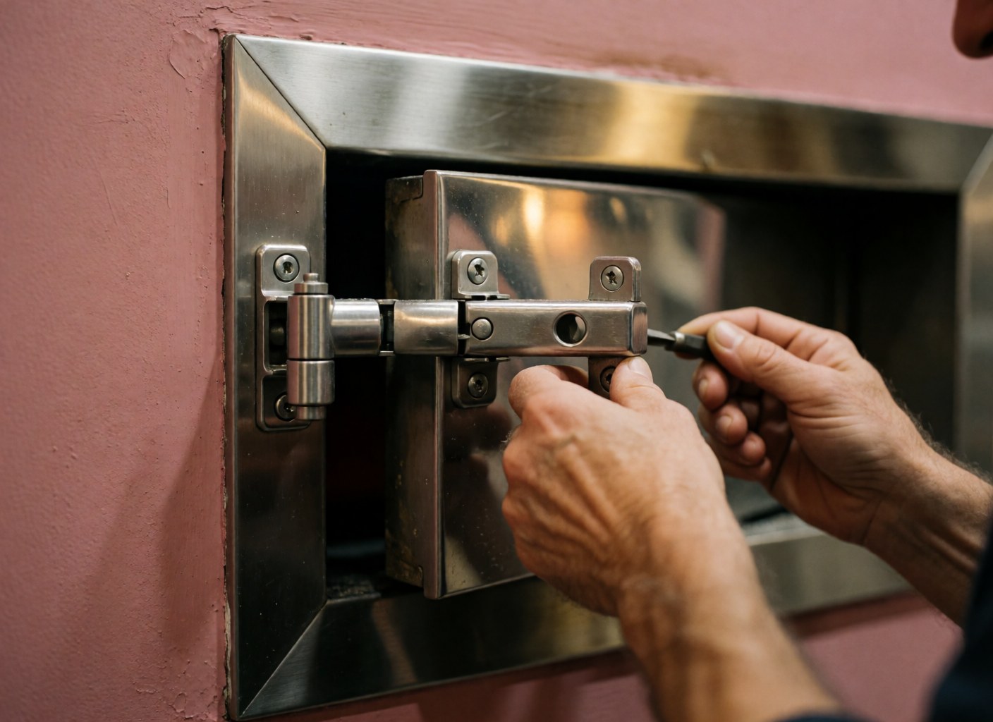 Mains ajustant une serrure en acier inoxydable sur la porte d'un four professionnel. Mur rose, reflet de lumière chaude. Détail outil et maintenance industrielle.