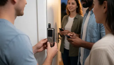 Un technicien installe une serrure moderne sur une porte pendant que trois personnes observent dans un environnement sûr et chaleureux avec une lumière de coucher de soleil.