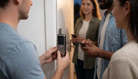 Un technicien installe une serrure moderne sur une porte pendant que trois personnes observent dans un environnement sûr et chaleureux avec une lumière de coucher de soleil.