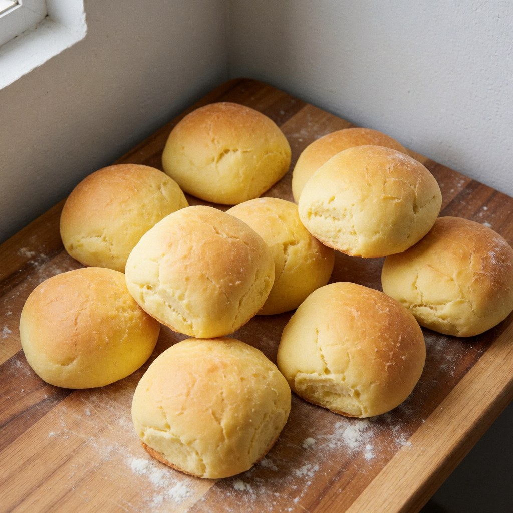 Un panier en osier rempli de pains bono colombiens ronds et dorés posé sur une surface en bois, illustrant la boulangerie traditionnelle.