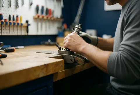 Un technicien ajuste une précision dans un atelier bois avec outils en arrière-plan flou et murs bleus.