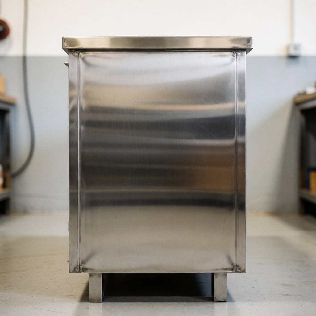 Armoire de cuisine sur mesure en acier inoxydable brillant, conçue pour un usage industriel et professionnel dans un atelier ou une cuisine commerciale.