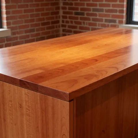 Surface lisse et brillante d'un plan de travail en bois de cerisier avec un grain visible, éclairé par une lumière naturelle chaude.