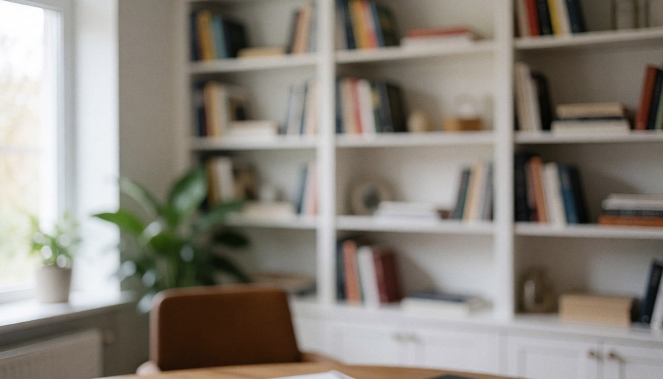 Arrière-plan d'espace de travail moderne comprenant une étagère blanche, des livres, une plante verte et une fenêtre offrant une lumière naturelle.