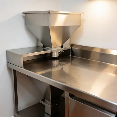 Table de travail professionnelle en acier inoxydable avec trémie intégrée et surface polie, conçue pour la production commerciale dans des environnements propres.