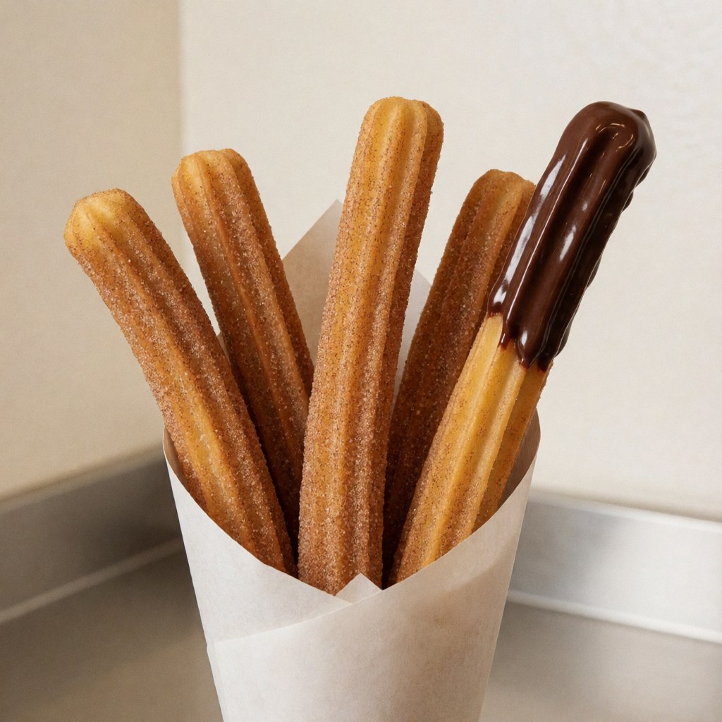 Des churros dorés posés sur un comptoir en bois, accompagnés d'une tasse de chocolat chaud épais pour la trempe.