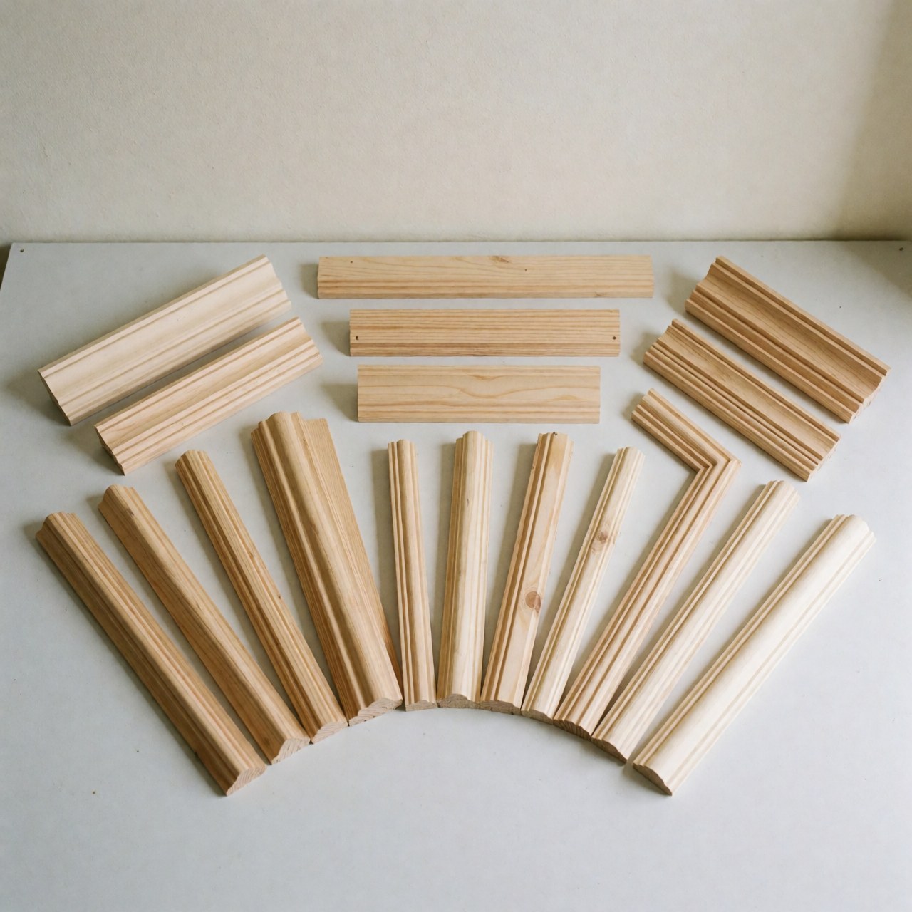 Collection de moulures décoratives en bois de pin, présentant différents profils et finitions pour l'aménagement intérieur et la rénovation de maisons.