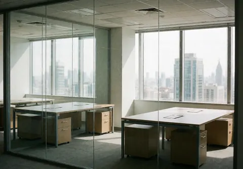 Espace de travail minimaliste et professionnel doté de bureaux et de grandes fenêtres offrant une vue panoramique urbaine.