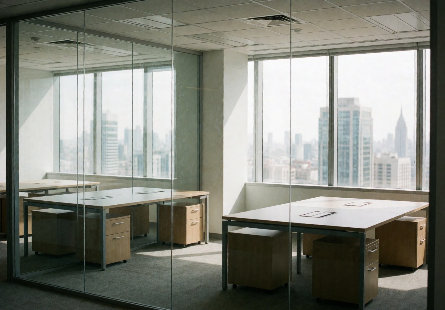 Espace de travail minimaliste et professionnel doté de bureaux et de grandes fenêtres offrant une vue panoramique urbaine.