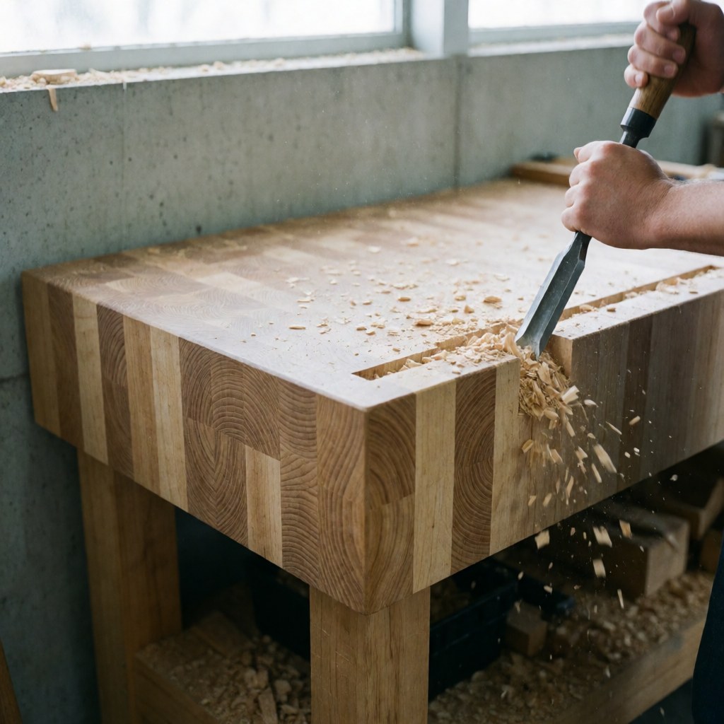 Une main utilisant un outil de menuiserie pour sculpter du bois, produisant des étincelles, sur fond de mur en béton et lumière naturelle.