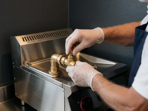 Gros plan sur une main gantée ajustant une vanne en laiton sur une friteuse professionnelle en acier inoxydable, reflétant la lumière dans une cuisine commerciale.