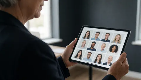 Un professionnel examine une newsletter digitale affichée sur une tablette dans un bureau moderne baigné de lumière naturelle, illustrant le travail et la technologie.