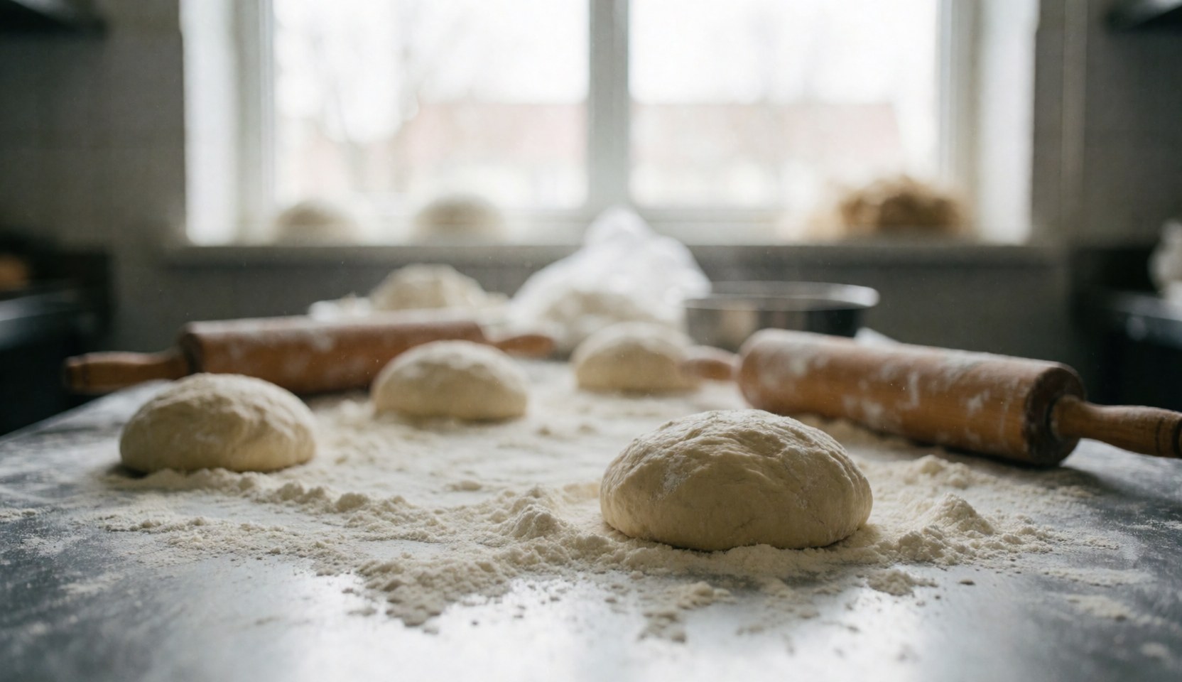 Surface de travail en bois clair avec farine, rouleau à pâtisserie et pâte crue sur fond blanc naturel pour texte.