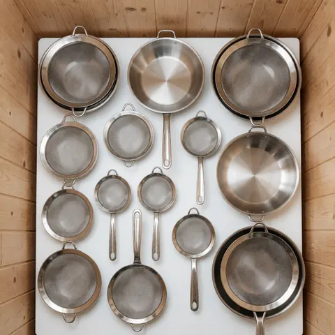 Vue de dessus d'une collection d'ustensiles de cuisine en acier inoxydable disposés sur une surface blanche et boisée, évoquant un style minimaliste.
