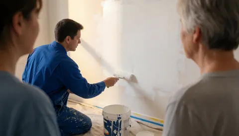 Un peintre en uniforme bleu applique de la peinture blanche au rouleau sur un mur pendant que deux personnes observent, offrant un espace pour du texte.
