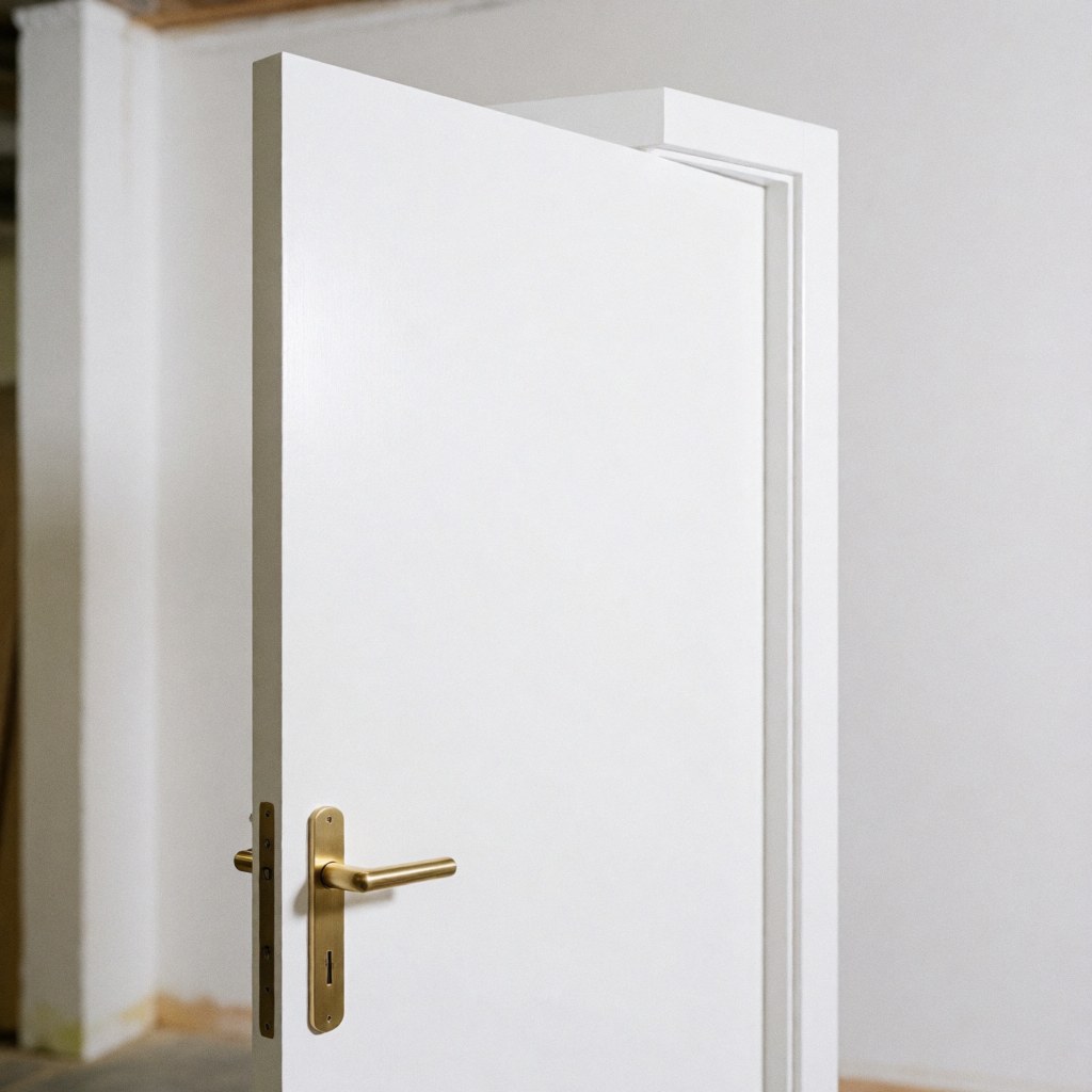 Une porte intérieure moderne en bois peint en blanc, équipée d'une poignée de couleur bronze poli, vue de face dans un environnement clair.