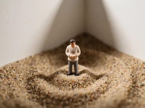 Une figurine isolée reposant sur une surface de sable fin, mettant en valeur la texture granuleuse du sol.