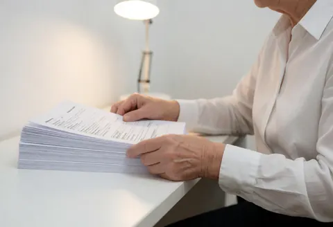 Une psychologue trie une pile de documents administratifs sur un bureau blanc éclairé par une lampe dans un cadre professionnel.