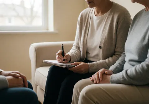 Psychologue prenant des notes dans un carnet pendant qu'elle écoute son client dans un cabinet clinique avec une lumière naturelle et une ambiance calme.
