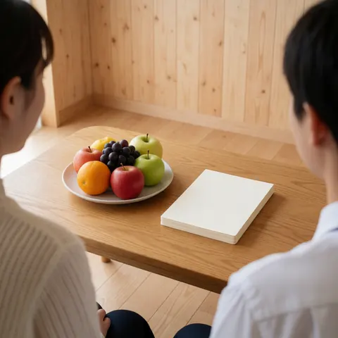 Deux personnes assises à une table en bois avec des fruits frais et des carnets vierges, sur fond de murs en panneaux naturels, évoquant calme et bien-être.