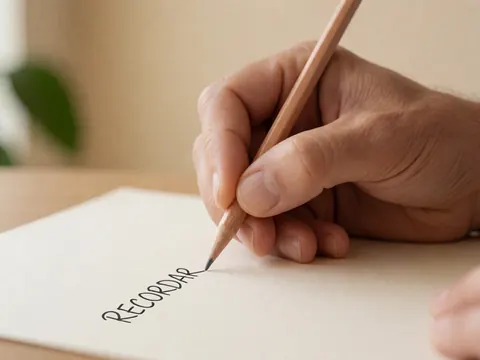 Une main adulte écrit le mot rappeler sur du papier crème avec un crayon en bois dans un cadre chaleureux.