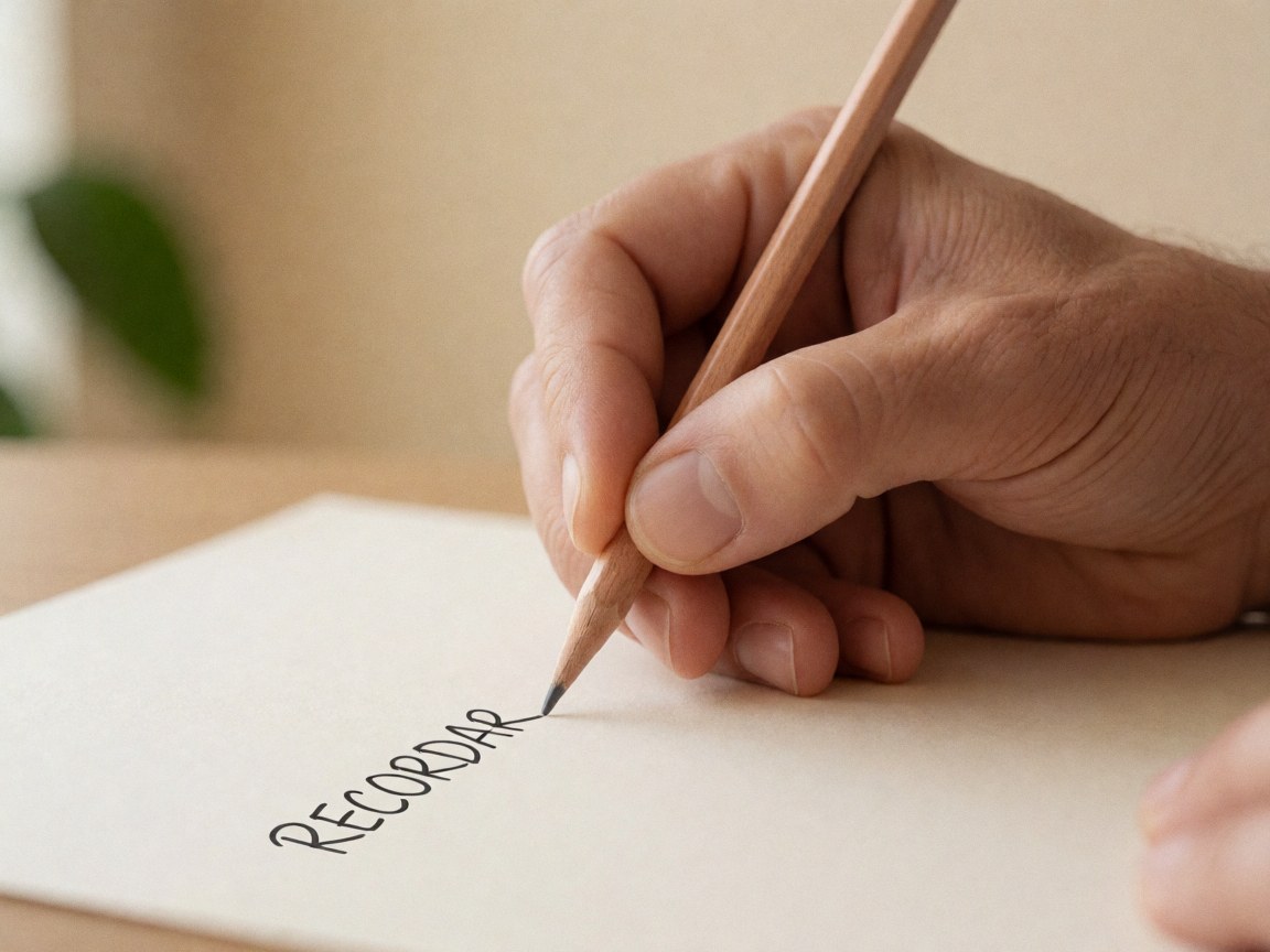 Une main adulte écrit le mot rappeler sur du papier crème avec un crayon en bois dans un cadre chaleureux.