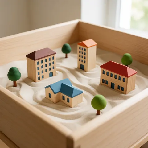 Boîte à sable contenant des mini-maisons et des arbres en bois, utilisée pour la thérapie par le jeu chez les enfants.