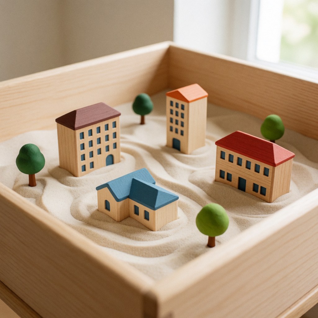 Boîte à sable contenant des mini-maisons et des arbres en bois, utilisée pour la thérapie par le jeu chez les enfants.