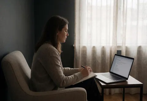 Une psychologue travaille dans un placaménagé en bureau, entourée d'un ordinateur et d'un cahier, baignée d'une lumière douce filtrant par les rideaux.