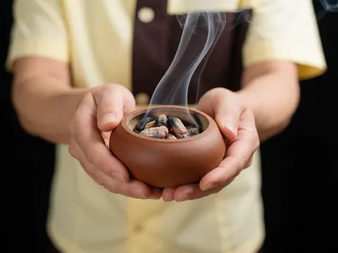 Mains tenant un encensoir en terre cuite avec du copal brûlant dégageant de la fumée blanche sur fond sombre pour pratiques spirituelles et thérapeutiques