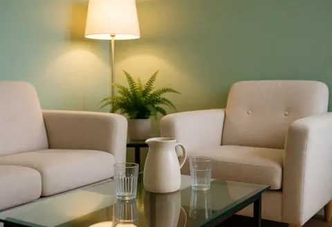 Salle d'attente avec deux fauteuils beiges, table en verre, vase, plantes et lampe. Mur vert, ambiance relaxante pour consultations.