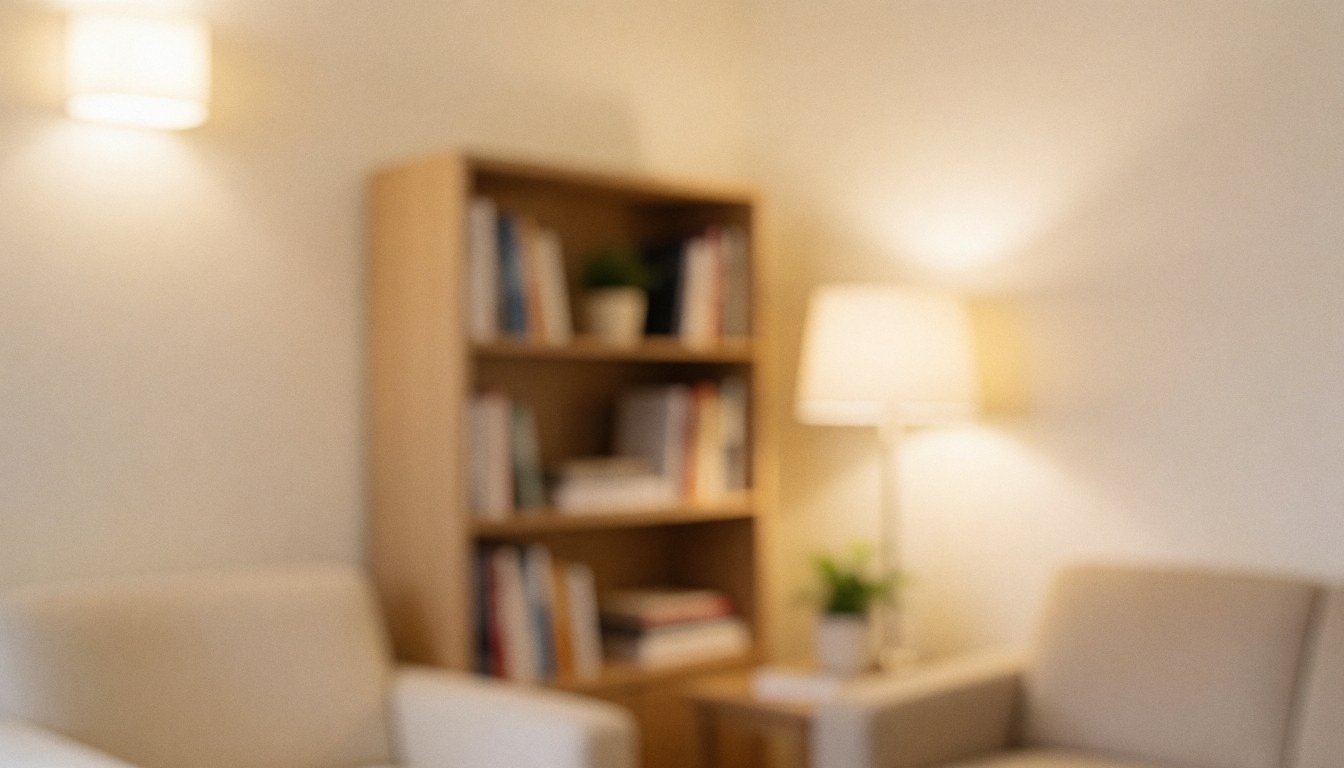 Intérieur d'un cabinet de psychologie avec murs beiges, étagère et lumière chaleureuse, idéal pour ajouter du texte.
