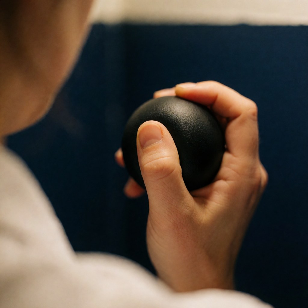 Des mains humaines saisissant et pressant une petite sphère noire destinée à la relaxation et au soulagement du stress dans un intérieur.
