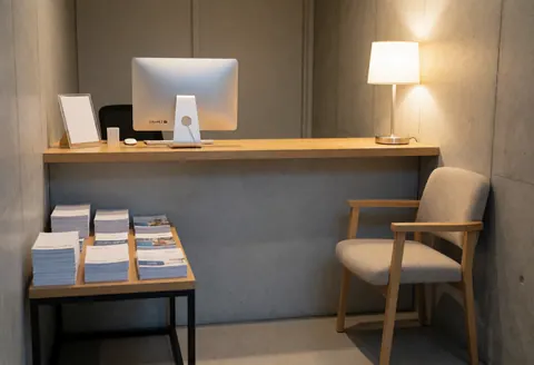 Espace d'accueil de cabinet psychologique avec bureau, chaise d'attente, brochures, murs en béton, éclairage chaleureux et ambiance professionnelle.