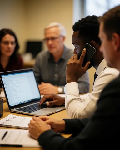 Un homme utilise son téléphone portable pendant qu'il travaille sur un ordinateur, avec d'autres employés en arrière-plan dans une réunion professionnelle.