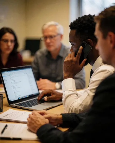 Un homme utilise son téléphone portable pendant qu'il travaille sur un ordinateur, avec d'autres employés en arrière-plan dans une réunion professionnelle.