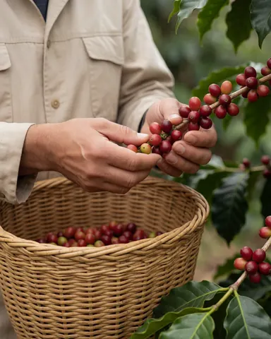 Un agriculteur cueille des cerises de café rouges sur une branche dans un champ, les place dans un panier en osier sous une lumière naturelle douce.