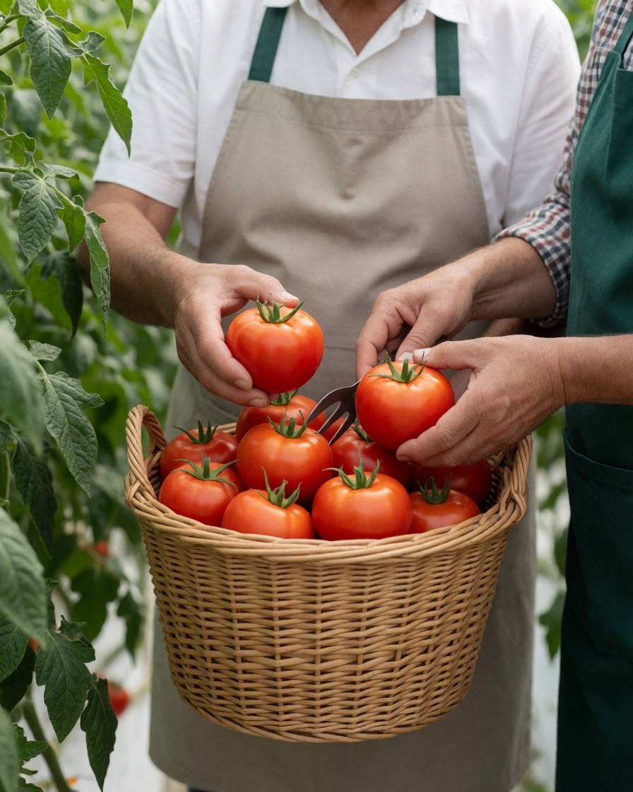 Deux personnes récoltent des tomates mûres dans une corbeille en osier à l'intérieur d'une serre, entourées de plantes vertes sous une lumière naturelle diffuse.