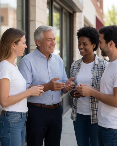 Un client heureux discute avec d'autres personnes en extérieur, profitant de la lumière naturelle dans un cadre urbain.