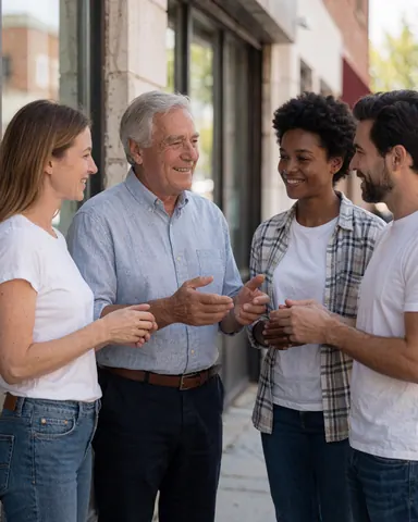 Un client heureux discute avec d'autres personnes en extérieur, profitant de la lumière naturelle dans un cadre urbain.