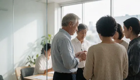Un groupe de professionnels en discussion lors d'une réunion dans un bureau lumineux avec grandes fenêtres et plantes vertes.