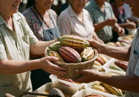 Mains échangeant du cacao frais dans une ceste lors d'une transaction au marché.