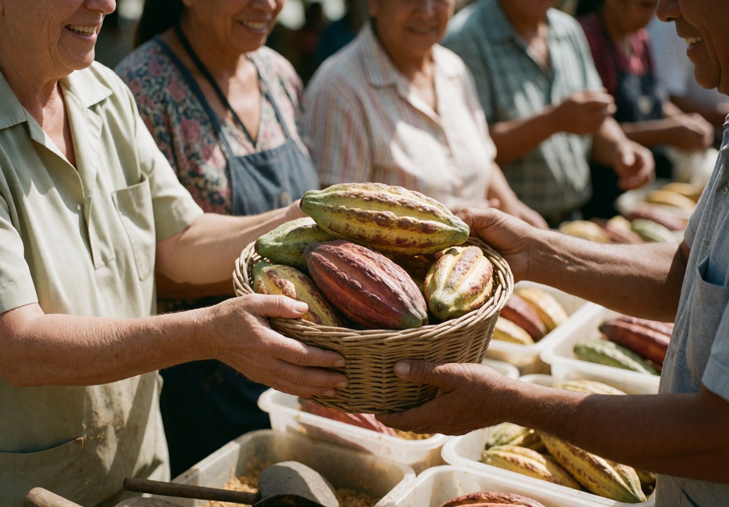 Mains échangeant du cacao frais dans une ceste lors d'une transaction au marché.