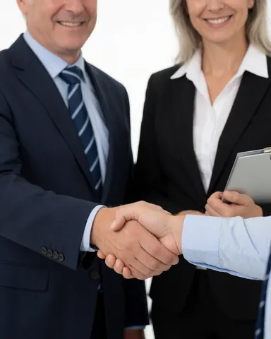 Deux recruteurs en costume formel sourient en se serrant la main sur fond blanc lumineux dans un contexte de ressources humaines.