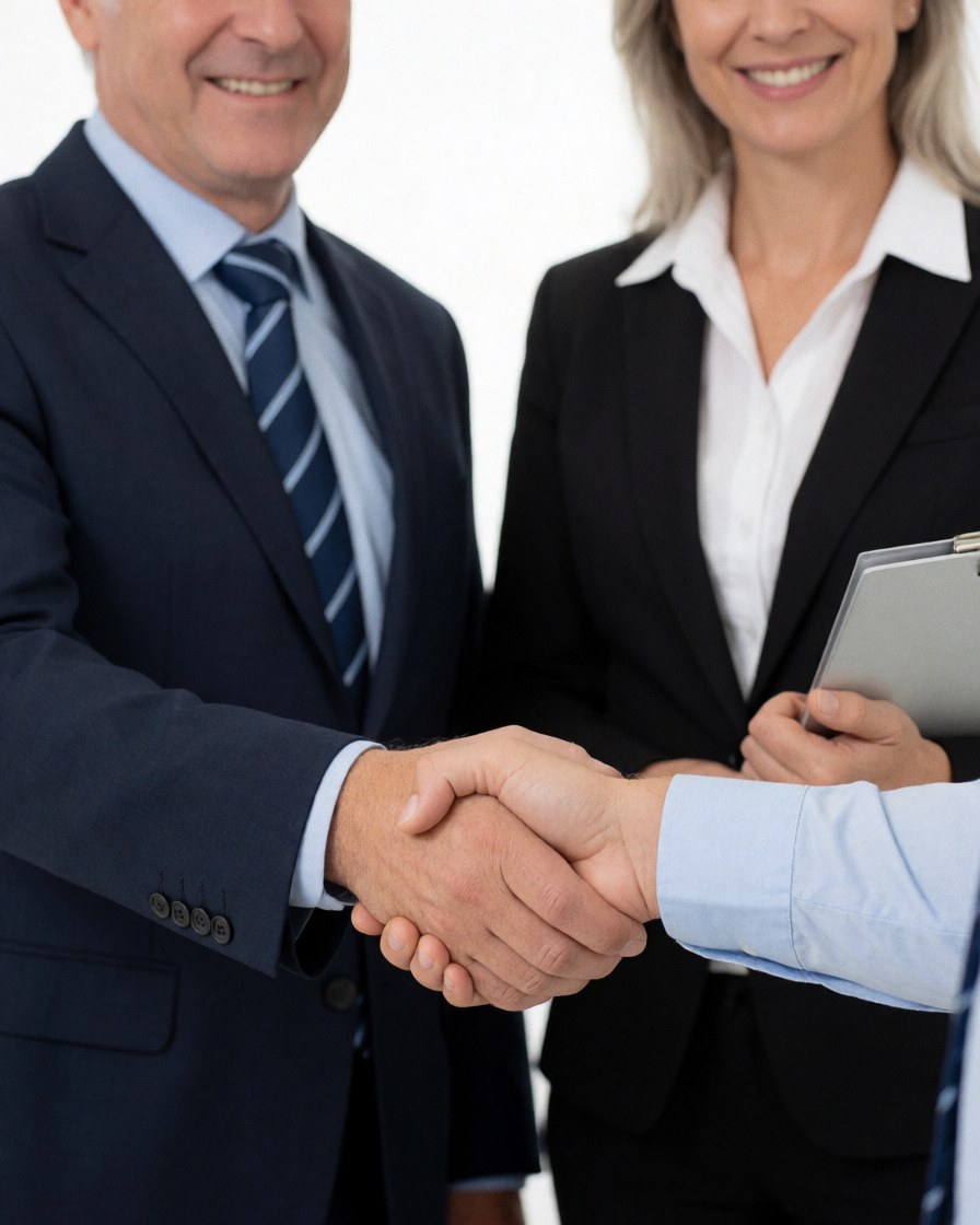 Deux recruteurs en costume formel sourient en se serrant la main sur fond blanc lumineux dans un contexte de ressources humaines.