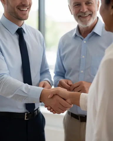 Un homme d'affaires souriant semble satisfait suite à une réunion professionnelle, évoquant un accord commercial réussi.