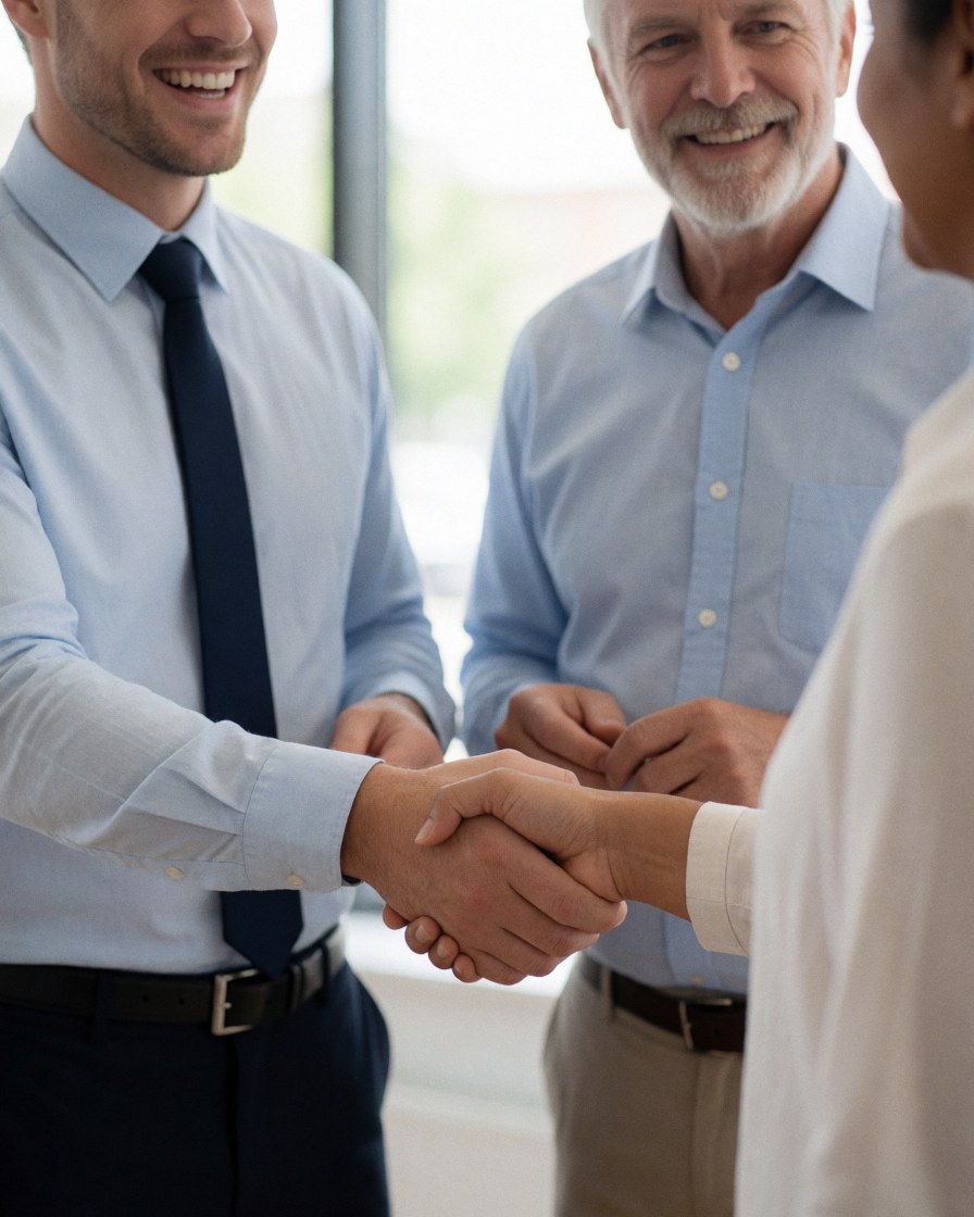 Un homme d'affaires souriant semble satisfait suite à une réunion professionnelle, évoquant un accord commercial réussi.