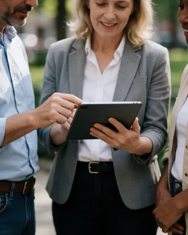 Trois personnes dans un parc examinant une tablette, souriant et discutant, vêtues de vêtements professionnels décontractés, dans un cadre naturel et urbain.