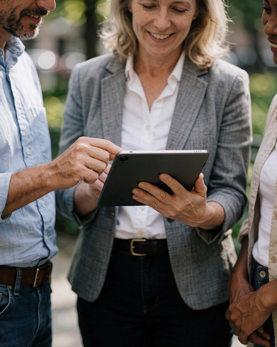 Trois personnes dans un parc examinant une tablette, souriant et discutant, vêtues de vêtements professionnels décontractés, dans un cadre naturel et urbain.