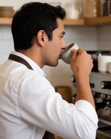 Une cliente souriante profite d'un moment de détente dans un cadre agréable lié au café et au cacao.